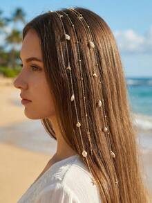 2 pièces Clips et chaînes à cheveux femme mode métallique en forme d'étoile de mer, coquillage, queue de poisson, gland. Convient pour le port quotidien, le printemps/été, la décoration de vacances à la plage, le serre-tête, les accessoires de plage - Doré - Voir 1