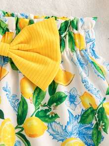 Young Girls Sleeveless Ruffle Trim Camisole Top + Sunflower Print Bow Shorts Set - Mustard Yellow - View 7