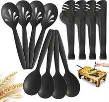 RayPard Reusable Plastic Serving Utensils Set Of 12, Wheat Straw Large Serving Set 10" Serving Spoons/10" Slotted Spoons/9.4" Tongs, For Party Buffet Catering (Black, Not For Cooking) - Màu A - Xem 1