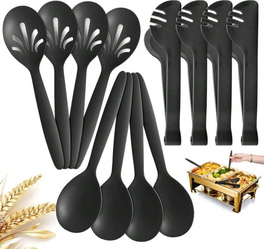 RayPard Reusable Plastic Serving Utensils Set Of 12, Wheat Straw Large Serving Set 10" Serving Spoons/10" Slotted Spoons/9.4" Tongs, For Party Buffet Catering (Black, Not For Cooking) - Màu A - Xem 1