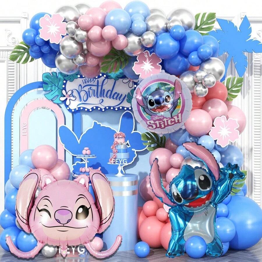 Stitch Themed Balloon Decoration Set, Includes Lilo & Stitch Foil Balloons, Suitable For Princess Birthday Party, Bachelorette Party, Photo Backdrop - As Shown In the Figure - View 1