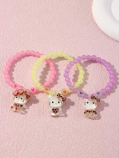 SANRIO 3pcs/Set Girl Cute Leopard Print Heart Bow Kitty Pendant Glow-In-The-Dark Beaded Bracelet Set, Suitable For Holiday Party, School, Birthday Gift For Girls
