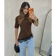 LUIZA T-SHIRT WITH LACE AND SLIT - Rust Brown - View 2