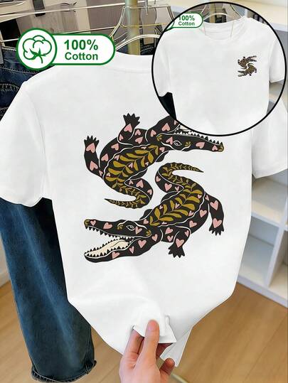 Maglietta a maniche corte di moda e casual da donna con stampa a cuore cartoni animati e coccodrillo reversibile, realizzata in 100% cotone. Adatta per sport all'aperto, uso quotidiano, estate e come top da donna.