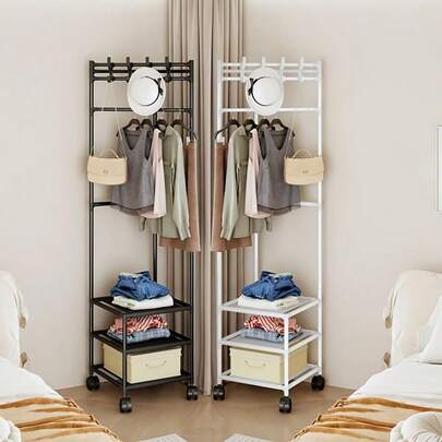 1 pieza Estantería de metal blanca/negra con ganchos - Estantería de almacenamiento de 3 niveles de diseño moderno, adecuada para dormitorio y sala de estar, acabado pintado, diseño único, excelente para guardar abrigos, sombreros y accesorios, también sirve como decoración de la habitación