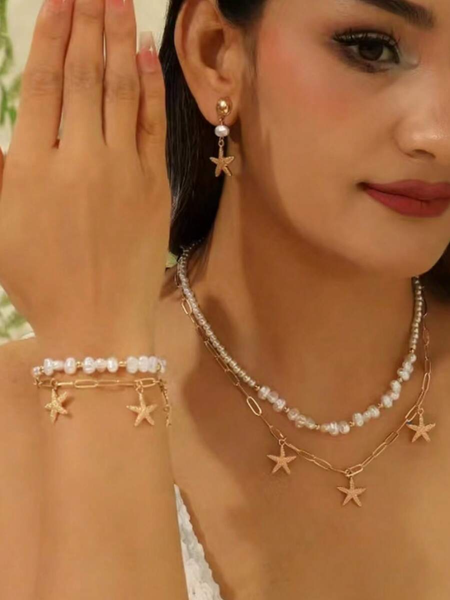 Bộ 4 món thời trang nữ hình sao biển đính ngọc trai và hợp kim, gồm dây chuyền, bông tai và vòng tay, thích hợp để đeo hàng ngày, dự lễ hội, đi nghỉ mát, du lịch, đi biển. - Vàng - Xem 1