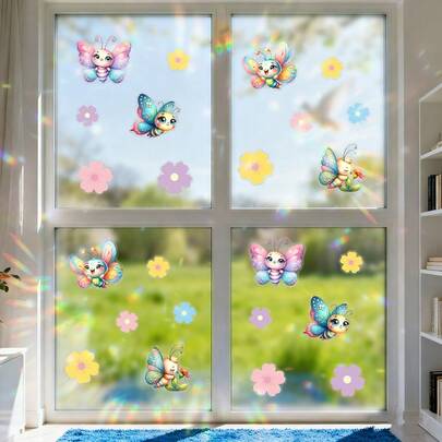 1/2片阳光捕手窗贴彩虹制造棱镜玻璃贴纸可爱蝴蝶蘑菇花可移除无胶客厅装饰防鸟撞击贴纸