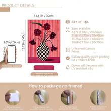 1pc Floral Checkered Vase Print: Berry Pink Wall Decor, Suitable For Home Decor, Room Decor, Bedroom Decor, Living Room Decoration, Bathroom Decor, Wall Decor, Optional Wall Art With Frame. - Multicolor - View 20