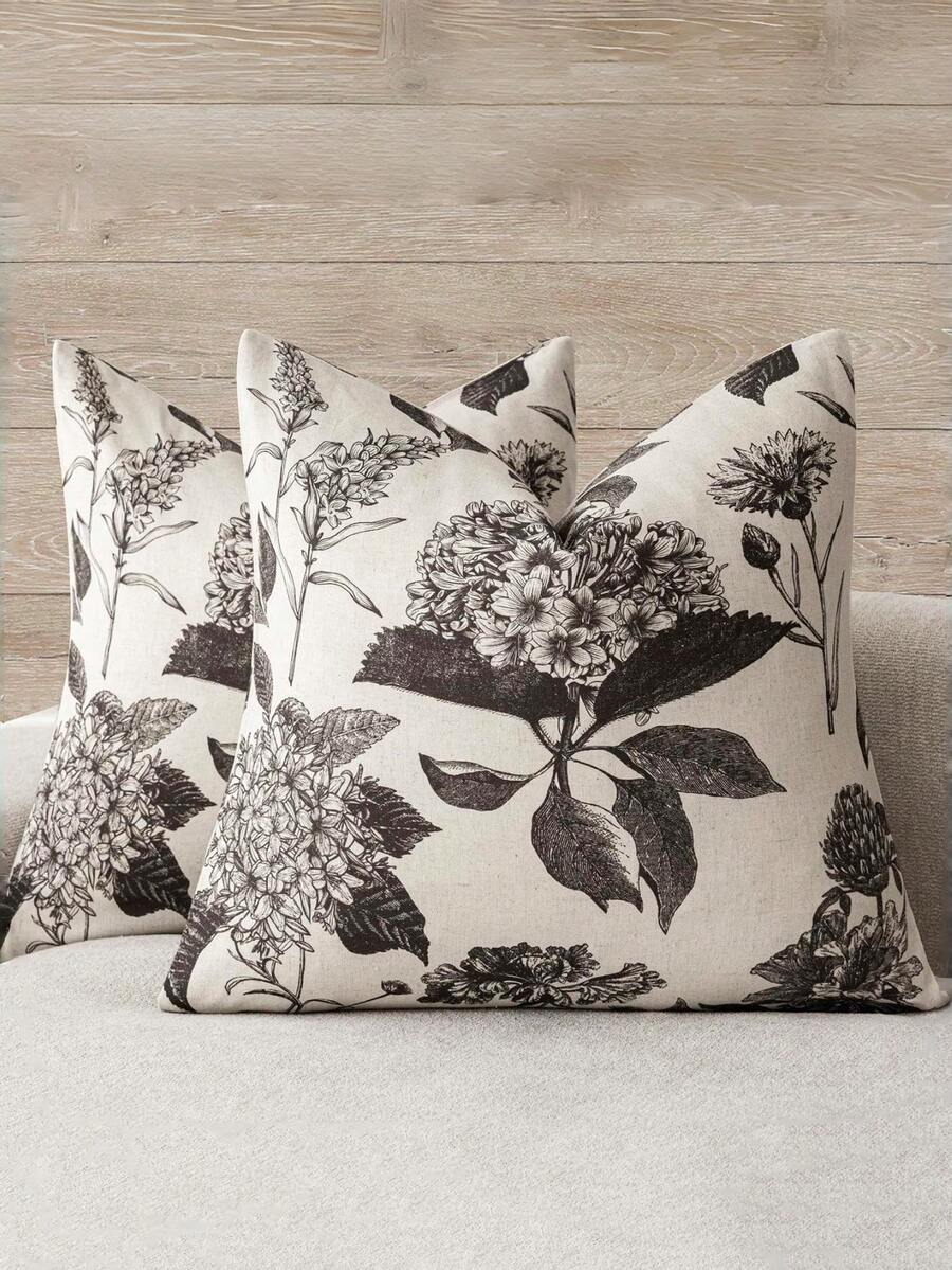 1 Conjunto de Capas Decorativas de Almofada Estampadas com Flores em Linho, Capas de Almofada em Estilo Vintage para Sofá, Cadeira, Quarto, Decoração do Lar - Preto - Visão 1