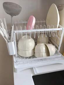 1 Set Escurridor de platos de metal de doble nivel con soporte para cubiertos, estante para tazas y bandeja de goteo, sin necesidad de perforar, ahorra espacio, resistente a la oxidación, organizador de almacenamiento de cocina resistente y duradero, fácil de limpiar, sostiene platos, tazas y utensilios - Multicolor - Ver 9