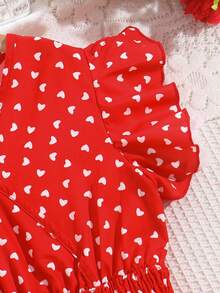 Đầm dài đến đầu gối cổ chữ V tay ngắn, in hình trái tim, thời trang thanh lịch mùa hè 2026 dành cho các cô gái tuổi teen - Đỏ - Xem 3