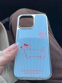 Silver Frame Light Blue Striped Dachshund Dog Phone Case Compatible With IPhone 17/17Pro/17 Pro Max/16/16 Pro/16 Pro Max/15/15 Pro/15 Pro Max/14/14 Pro/14 Pro Max/13/13 Pro/13 Pro Max/12/12 Pro/12 Pro Max/11/11Pro/11 Pro Max, Cute Korean Anti-Drop Protective Cover - Multicolor - View 4