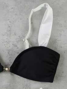 新款春夏奢华优雅休闲性感比基尼套装，撞色设计搭配金属环装饰，适合海滩、度假、派对等场合。 - 黑與白 - 查看 5