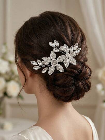 1pc Elegant Bridal Wedding Hair Accessory, Silver Oversized Crystal & Pearl Floral Leaf Design Hair Clip, Women's Party Event Headpiece
