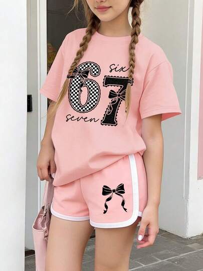 Conjunto de 2 piezas para niñas, camiseta oversize con el número 67 y shorts con ribete contrastante, estampado a cuadros y de moño, conjunto informal a juego, para volver a la escuela, reunión con amigos, ocio diario