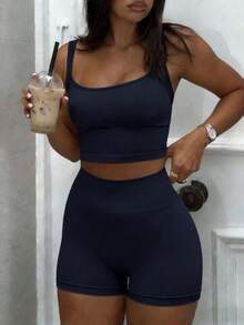 GAOVOT Women's Two Pieces Summer Sports With Breast Pad Sexy Halter Top And High Waisted Hip Shorts Suit For Exercise Yoga Gym - 藏蓝色 - 查看 4