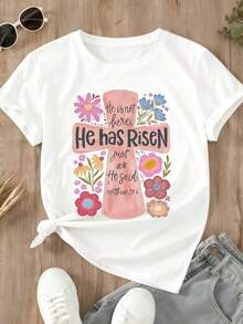 Women's Easter Print Plus Size Crew Neck T-Shirt With Cross And Floral Design He Has Risen Bible Verse Matthew 28 6 Easter Christian Spring Casual Wear,Women's T-Shirts, Women's Easter T-Shirts, Made Of Low-Elasticity Pure Cotton Fabric, Comfortable To Wear, Suitable For Spring, Summer, Autumn And Winter, And The Best Choice For Gifts (S-4XL). - White - View 2