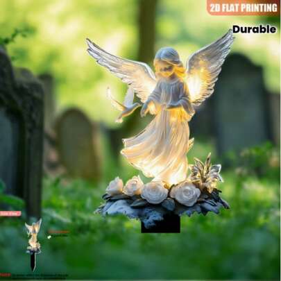 Estaca de jardín con ángel plano 2D iluminado con paloma, alimentado por energía solar - Decoración conmemorativa clásica con rosa iluminada, arte duradero para la tumba al aire libre, adecuado para Pascua, Día de los Caídos, regalos de condolencia, diseño elegante, artesanía premium, decoración floral, artículos de duelo para el hogar para 11 feriados