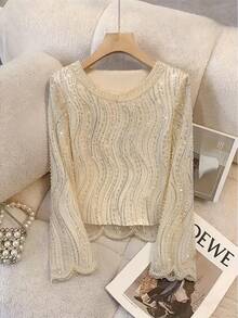 优雅奢华串珠亮片杏色长袖圆领上衣 - 适合派对、活动、节日、盛会（装饰繁复）春季 - 杏色 - 查看 3