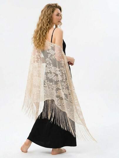 1件装女士优雅蕾丝玫瑰镂空三角披肩围巾，时尚百搭女士透气披肩/头巾，适合搭配连衣裙、正装，装饰流苏披肩，新娘面纱