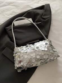 Bolso de hombro con lentejuelas de moda, nuevo bolso de hombro con estilo, embrague de noche con lentejuelas personalizado y sencillo - Plateado - Ver 6