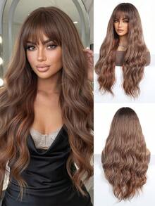 Long Wavy 26inch Butterfly Haircut Wig With Brown And Bangs - Heat Resistant Synthetic Wig For Daily And Party Wear - Brown - View 2