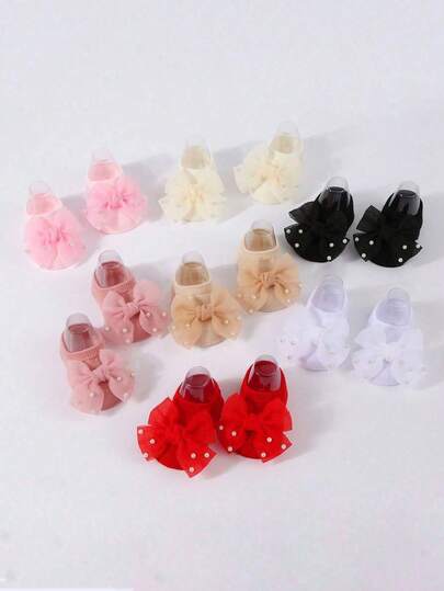 7双/1双柔软婴儿派对袜 - 薄纱蝴蝶结和珍珠装饰，非常适合生日和拍照