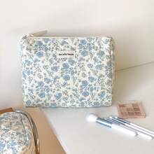 Blue Begonia Flower Cosmetic Bag, Handheld Convenient Daily & Travel Use, Large Capacity, Suitable For Women - Blue - View 6