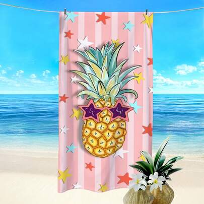 1条粉色条纹菠萝图案沙滩巾，超强吸水速干，适合游泳，柔软轻便，可作沙滩毯，适用于海滩、游泳、户外露营旅行，是理想的沙滩必备品（40*80厘米，非常小巧）