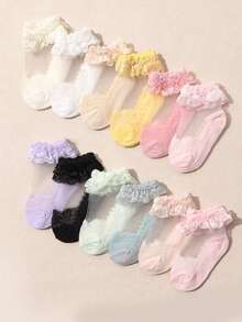 5 pares de calcetines cortos con volantes de encaje para bebé, calcetines suaves y transpirables con volantes de encaje para princesa infantil - Multicolor - Ver 2