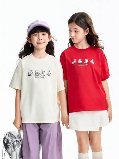 Annil Girls' Round Neck Short-Sleeved T-Shirt, Knitted Sweater For Middle And Large Children And Students, Versatile Casual Top For Girls.