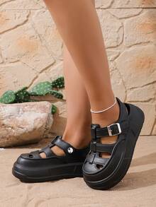 时尚厚底罗马式高帮乐福鞋，黑色透气女士套脚鞋 - 黑色 - 查看 3