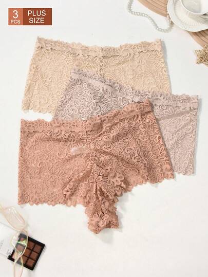 3 piezas Bragas de encaje transparente de talle alto y talla grande para mujer