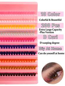 Asiteo 200片装10色混合单簇假睫毛，D型卷翘16mm彩色DIY睫毛簇，自然柔软轻盈彩虹色，可重复使用单根睫毛，适合初学者日常、派对、音乐节和万圣节等场合使用。 - D - 查看 5