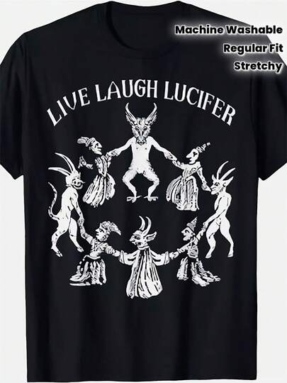Camiseta Gótica Oculta para Hombre - Diseño de Baphomet y Pentagrama Demoníaco de Heavy Metal con Lema "Live Laugh " - Tela Elástica, Corte Regular (Tallas Grandes) - Ropa Satánica Negra para Halloween, Moda Oscura y Simbolismo Oculto - Lavable a Máquina