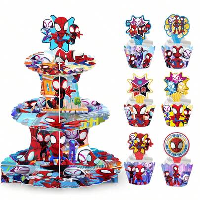 Marvel 12pcs Superhero Cupcake Holder And Cake Topper Decoration Set, Cardboard Cupcake Holder, Cupcake Packaging And Topper, Children's Birthday Party Decoration Supplies.