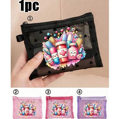 1pc Mini Portable Mesh Medicine Bag Printed With Medicine Bottle And Cross & Pattern, First Aid Kit Medical Emergency Kits Organizer Outdoor Household Medicine Pill Storage Bag For Travel Storage Bag,Makeup Bag,Cosmetic Bag, Vacation Organizer, Skincare Bag, Lip Oil Storage Bag, Mother'S Day Gift, Birthday Gifts, Bathroom Storage, Student Dormitory Wash Bag, Gift To Wife, Family, Friends