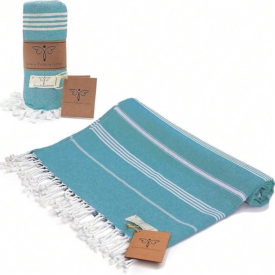 TURKISH COTTON Classical Series Original Turkish Beach Towel | Prewashed, 37 X 71 Inches | Peshtemal And Turkish Bath Towel For SPA, Beach, Pool, Gym And Bathroom - Turquoise - 查看 1