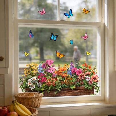1/3 pezzi Adesivi per finestre con fiori selvatici, farfalle e scatola di legno; Pellicola statica PVC riutilizzabile a doppia faccia visibile; Adatto per camere da letto, cucine, bagni, uffici e decorazione della casa.