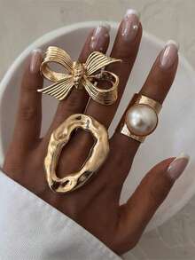 Bộ 3 chiếc nhẫn kim loại hình học không đều, kiểu dáng trơn nhẵn, phong cách Châu Âu và Mỹ. - Vàng - Xem 2