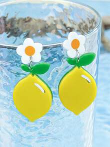 1对女士清新柠檬花亚克力吊坠耳环，Y2K可爱自然柠檬耳环，适合春季野餐、派对、日常休闲佩戴，时尚百搭饰品 - 彩色 - 查看 5