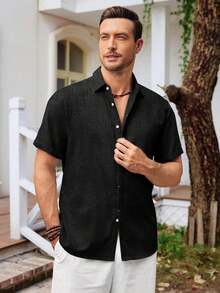 Mens Short Sleeve Linen Shirts Button Down Casual Summer Beach Tops For Daily Commute - Black - View 2
