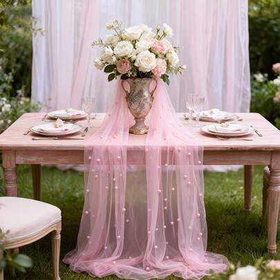 Khăn trải bàn họa tiết ngọc trai phong cách Boho màu hồng, thích hợp cho tiệc cưới, tiệc mừng em bé, trang trí bàn tráng miệng đám cưới.