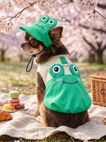 2pcs Pet Costume Hat, Dog Cat Clothes Teddy Poodle Casual Outfit Accessories Set - Cartoon Frog Sun Hat + Cartoon Flower Bud Vest - Frog - Multicolor - View 1