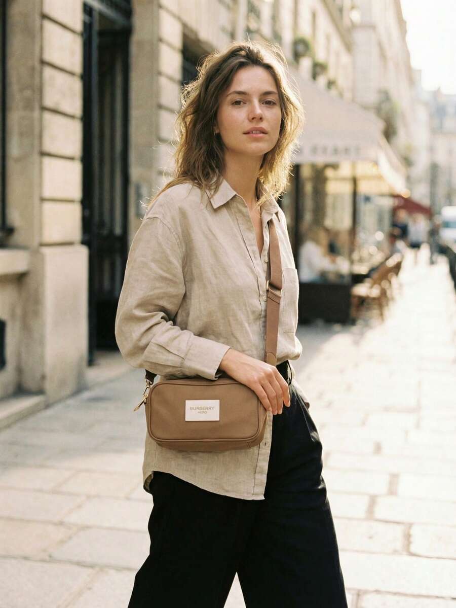 Burberry 1PC Adjustable Strap Mini Tan Leather Crossbody Bag - British Minimalist Style, Logo Label Detail, Compact Camera Bag Shape, Versatile Bag For Office Commute & Weekend Outings - Brown - View 1