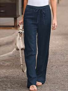 1pc Solid Color Woven Fabric Pocket & Belt Women's Pants, Suitable For Night Out, Holiday, Daily, Birthday Party, Singles Party, All Season, Lightweight Denim Effect Color Spring - Navy Blue - View 2