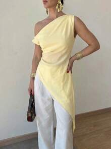 Đầm midi nữ kiểu mới màu vàng, dây xoắn, lệch vai, không tay, eo nhún, vạt bất đối xứng, xẻ tà bên hông, thanh lịch, giản dị, thiết kế Y2K tối giản, cơ bản, thích hợp cho câu lạc bộ, bãi biển, hẹn hò, kỳ nghỉ, đồng quê, hòa nhạc, sinh nhật, đi chơi, mùa xuân hè thu. - Màu vàng - Xem 3