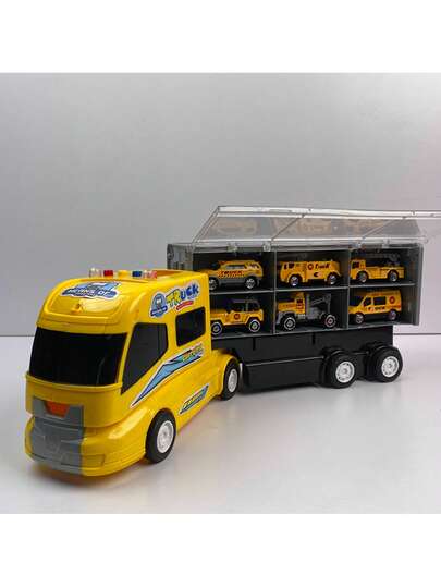 Multifunctional Engineering Storage Truck With Vehicles, Inertial Truck Carrier With Lights & Sounds, Double-Sided Storage Construction Vehicle Toy Set For Kids Boys, Ideal Birthday Christmas Gift