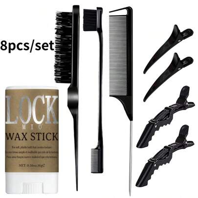 lockmio 1支/8支装发蜡棒套装，不油腻造型发蜡，富含椰子油和蓖麻油，保湿滋润，令秀发健康亮泽，柔软顺滑，易于造型，有效抚平毛躁和分叉，适用于假发和卷发，是馈赠亲友或自用的理想之选。套装包含发际线定型刷、梳子和鳄鱼夹。