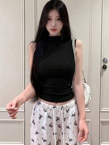 美国性感女士灰色无袖高领紧身背心，弹力修身吊带衫，适合夏季休闲黑色春季穿着 - 黑色 - 查看 3